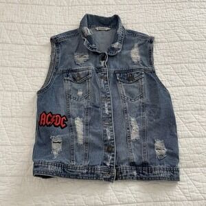 Women's Distressed Denim Vest Rock Patches Collared Size L Blue